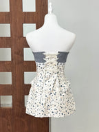 Romantic Plaid Strapless Lace Up Top and Floral Mini Skirt Set