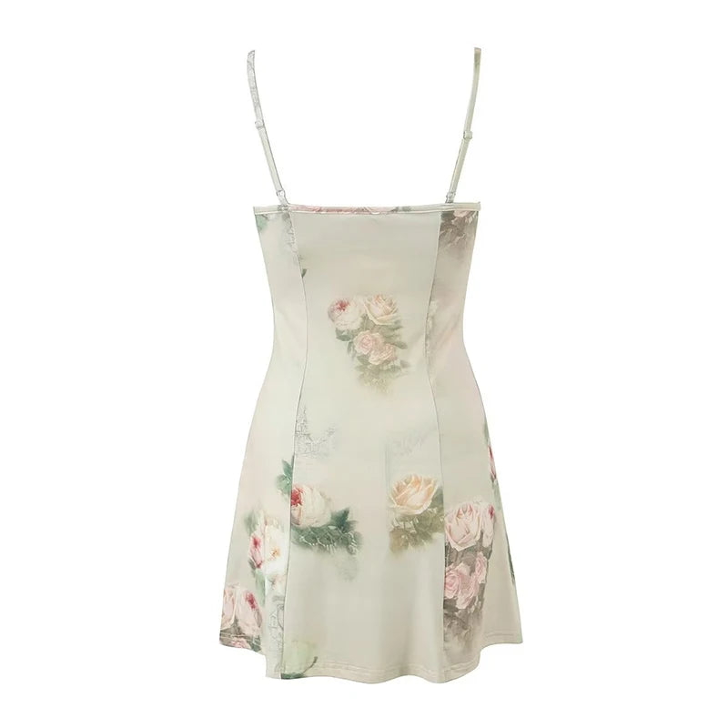 Women Vintage Floral Print Knit High Stretch Sling Mini Dress