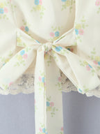 Sweet Floral Print Chic Lace Short Blouses Vintage Square Collar Puff Sleeve Slim Shirt