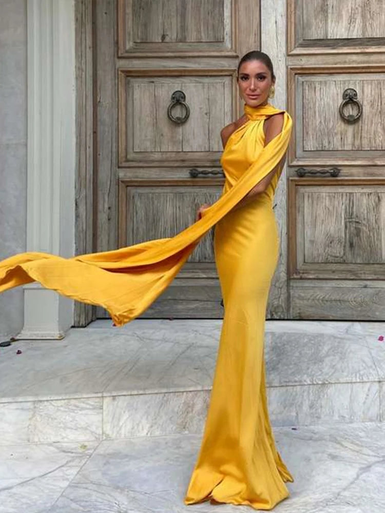 Sexy Satin Ribbon Backless Halter Dress For Elegant Evening Gown