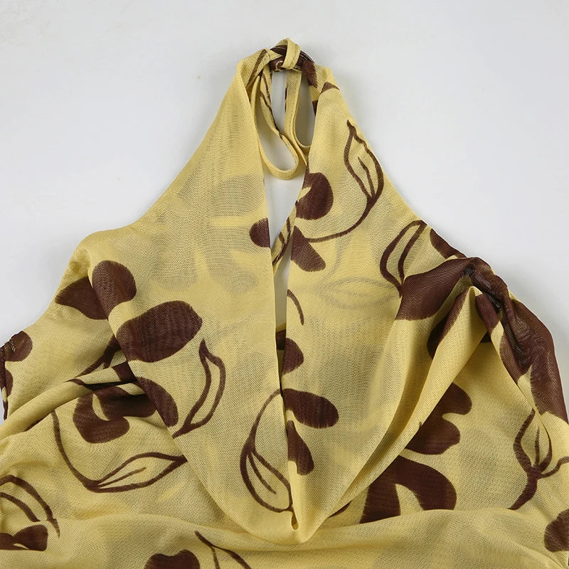 Butter Yellow Printed Lace Up Halter Backless Mini Dress