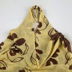 Butter Yellow Printed Lace Up Halter Backless Mini Dress