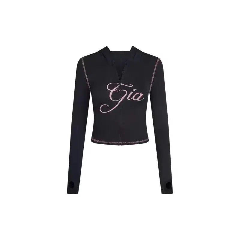 Two Piece Slim Fit Letter Print Hooded Zipper Jacket And Pants Set Open Thread Design