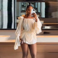 Satin Off Shoulder Pleated Mini Dress With Puff Sleeves And Cinched Waist