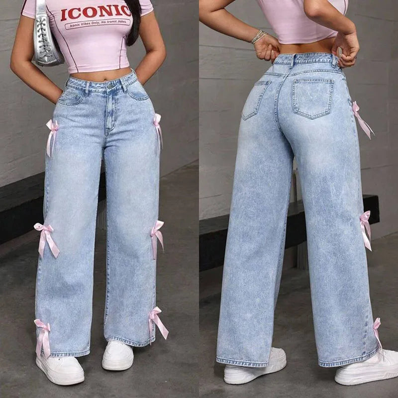 Street Chic Bowknot Denim Jeans With Loose Straight Wide Leg Silhouette In Washed Finish