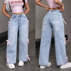 Street Chic Bowknot Denim Jeans With Loose Straight Wide Leg Silhouette In Washed Finish