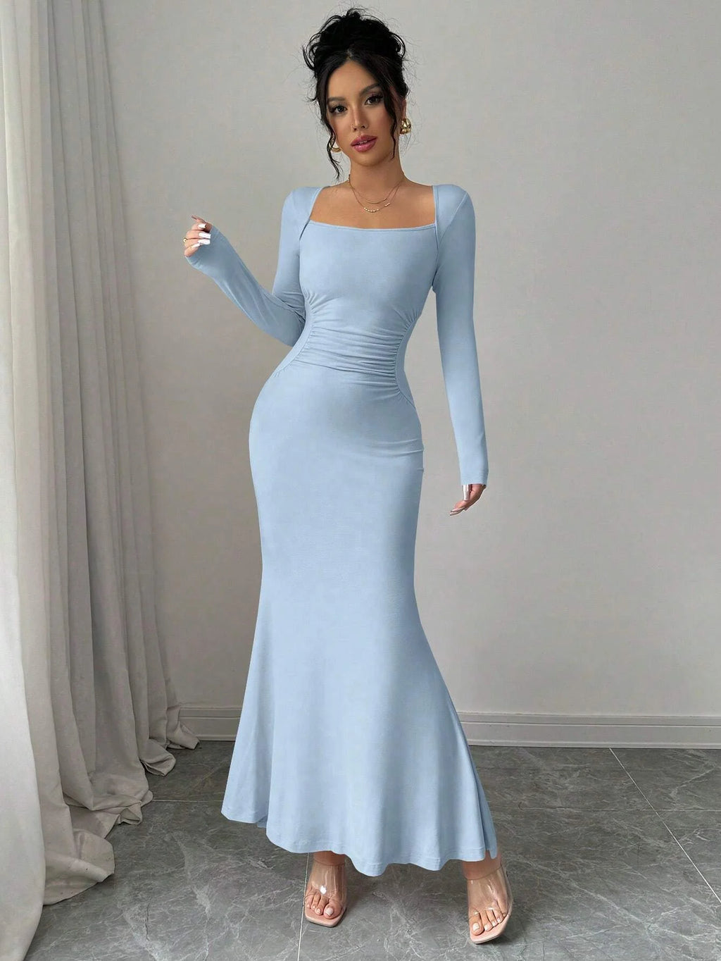 Retro Square Collar Dress With Long Sleeves In Solid Color