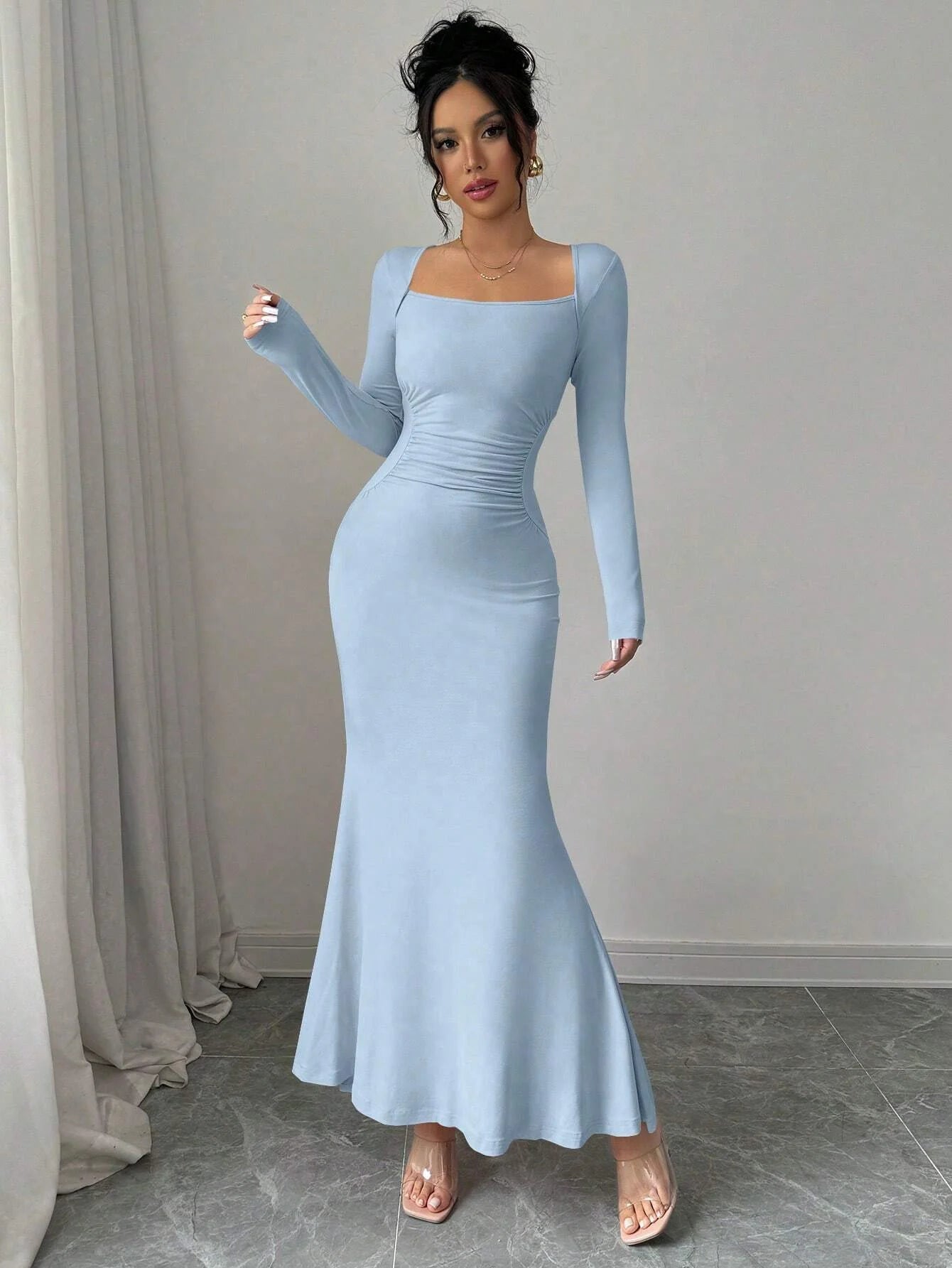 Retro Square Collar Dress With Long Sleeves In Solid Color