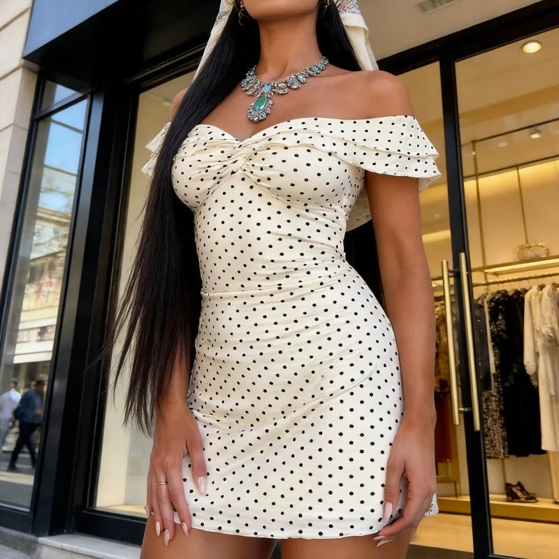 White Off-Shoulder Dress With Low Neckline Short Sleeves Mini Silhouette