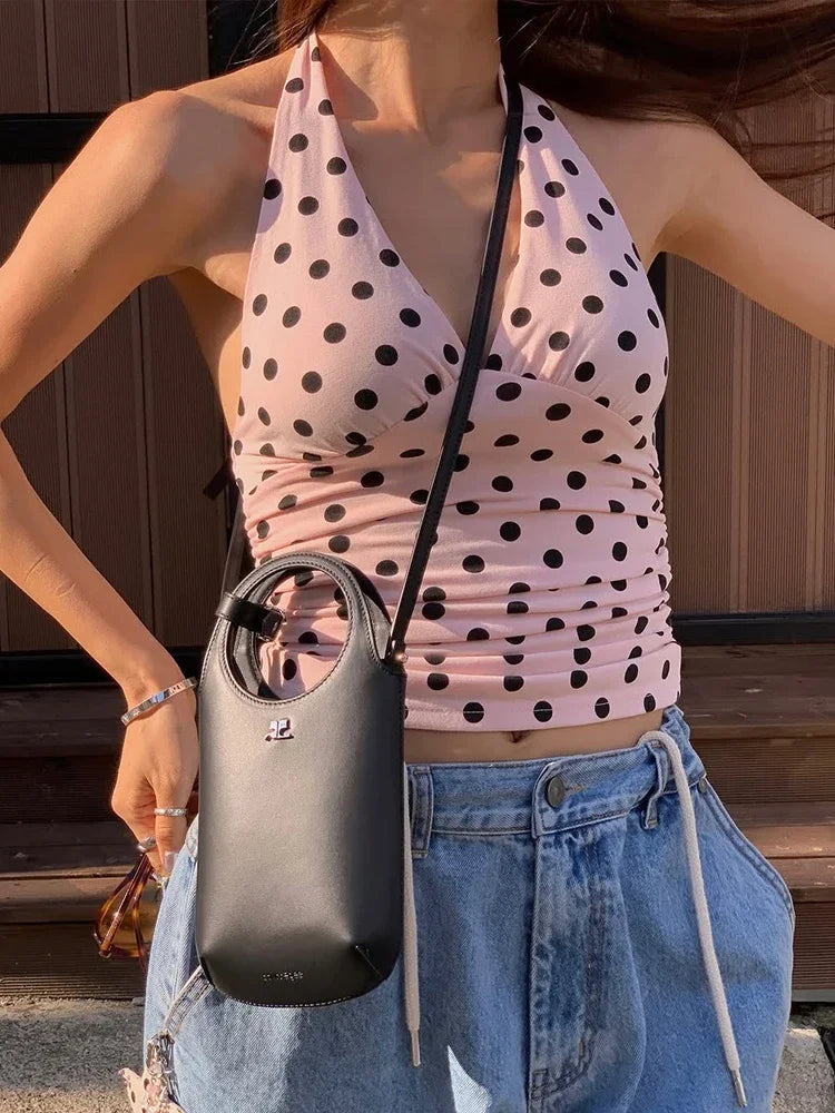 Polka Dot Halter Tank Top With Backless Lace Up Detail Chic Summer