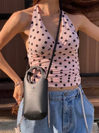 Polka Dot Halter Tank Top With Backless Lace Up Detail Chic Summer