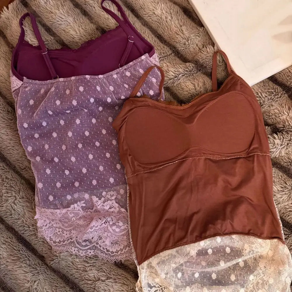 Lace Dots Wrapped Camisole With Pads Slim Fit Tank Top