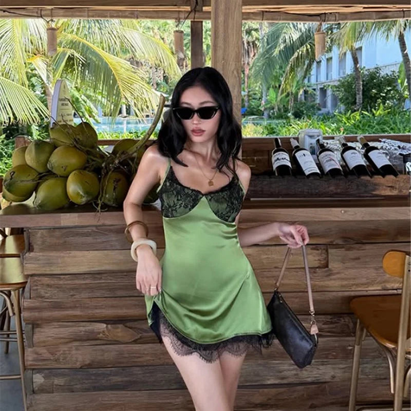 Green Camisole Lace Patchwork Slim Sheath Mini Dress
