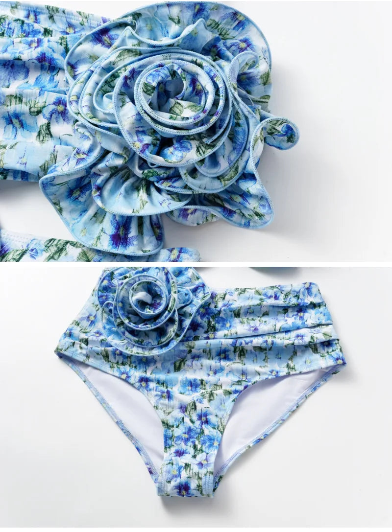 3D Flower Cutout One Piece Swimsuit With Skirt Push Up Slimming Beachwear