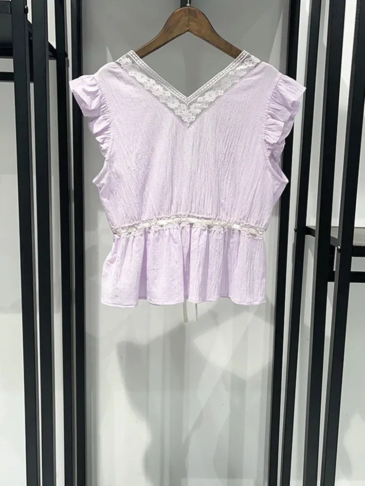 Sweet Lace V Neck Blouse With Ruffles And Flutter Sleeves