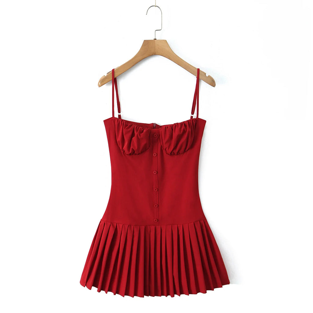 Crimson Ruched Front Button Mini Dress With Slash Collar And Sling Bodice