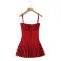 Crimson Ruched Front Button Mini Dress With Slash Collar And Sling Bodice