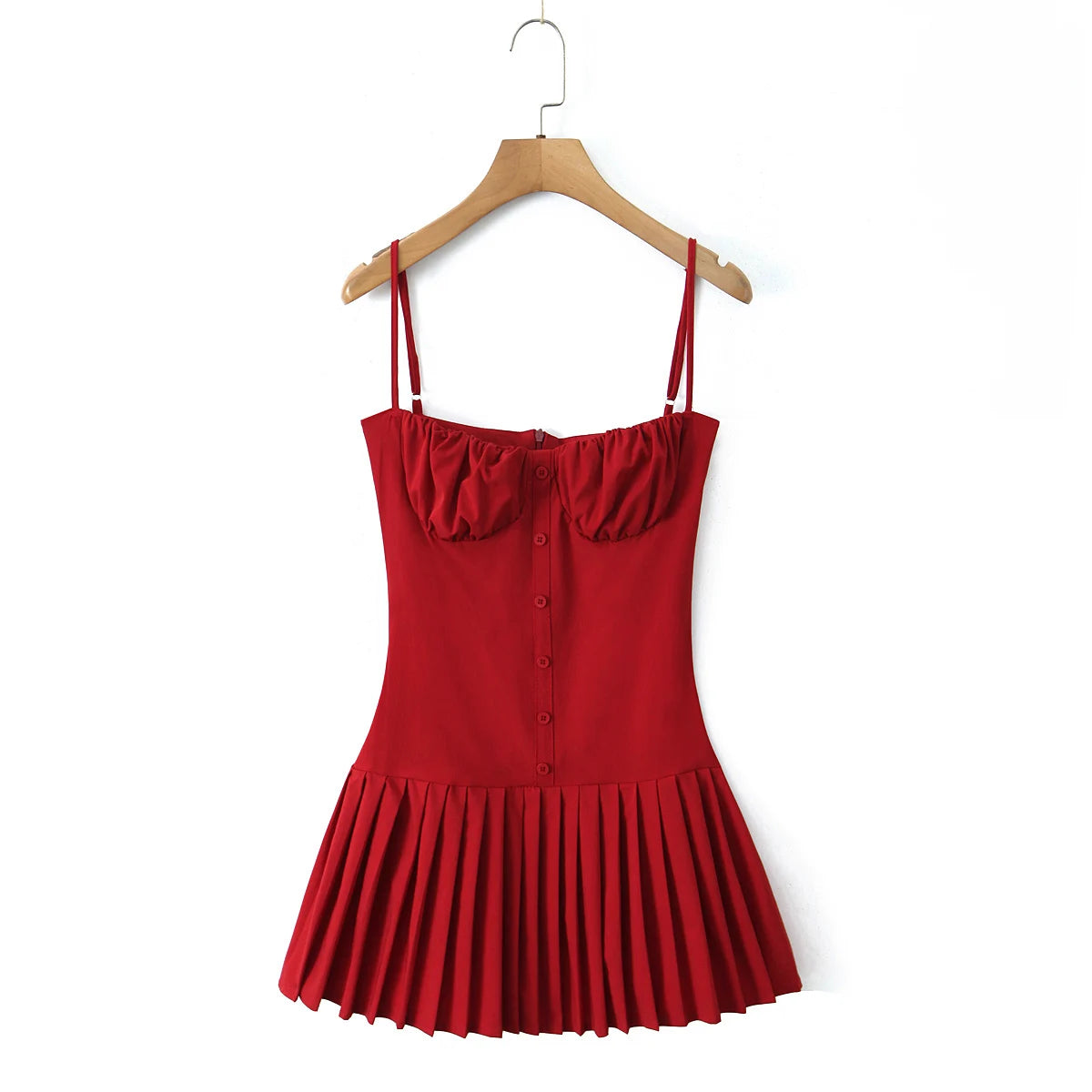 Crimson Ruched Front Button Mini Dress With Slash Collar And Sling Bodice
