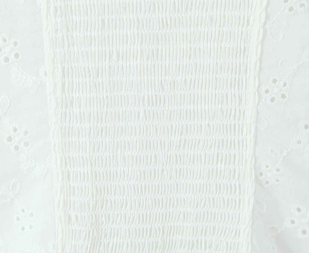 White Embroidered Lace V Neck Mini Dress With Hollow Out Detail And Back Zipper Closure