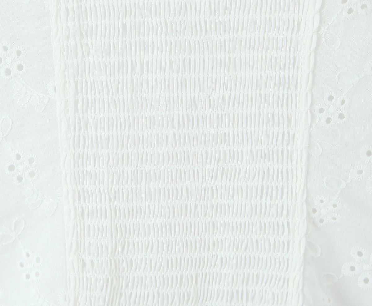 White Embroidered Lace V Neck Mini Dress With Hollow Out Detail And Back Zipper Closure
