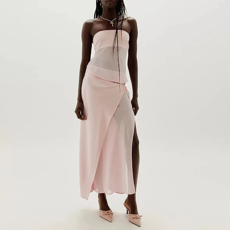 Strapless Hollow Out Top And Long Skirt Two Piece Set