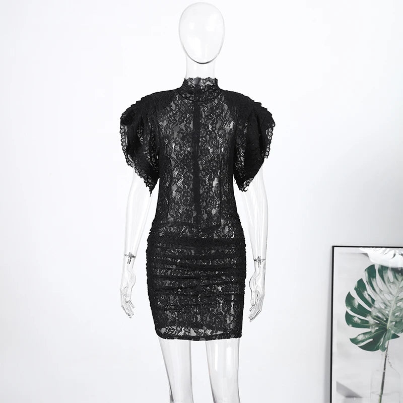 Lace Sheer Party Dress With Pleated Patchwork And Flutter Sleeves For Elegant Evenings