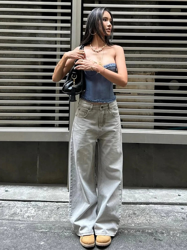 See Through Patchwork Strapless Top With Fishbone Detail Backless Fashion