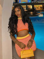 Crochet Stripe Two Piece Set With O Neck Crop Top And Skirt