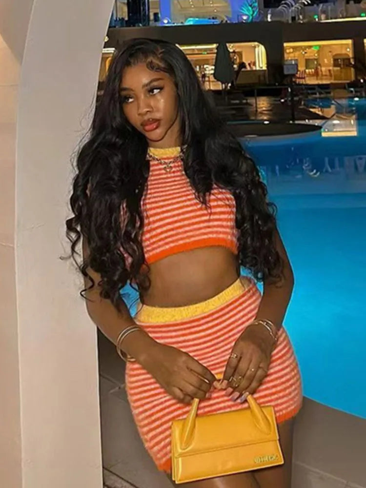 Crochet Stripe Two Piece Set With O Neck Crop Top And Skirt