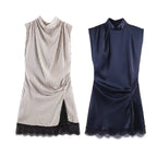 Pleated Hem Patchwork Mini Dress With Lace Inset Slit Detail Sleeveless Back Zip