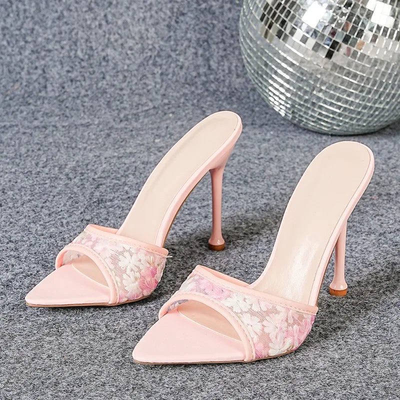 Embroidered Breathable Mesh Pointed Toe Heels