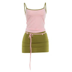 Patchwork Two Piece Set With Backless Camisole Top And Tassel Mini Skirt Y2K Vibe