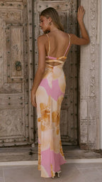 Sunlit Breeze Printed Strap Maxi Dress With V Neck Backless