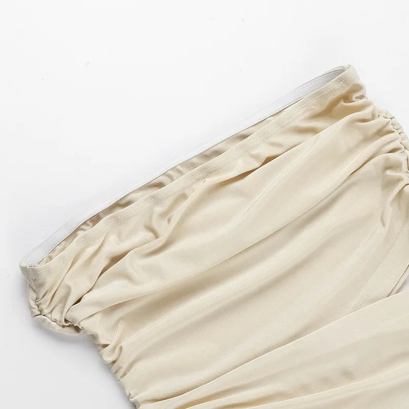 Hollow Out Shirred Strapless Maxi Dress Asymmetrical Backless Gown