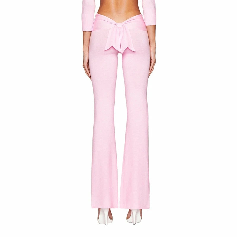 Boutique Knit Flared Pants With Elastic Waist And Back Bow Detail Slim Fit Trousers