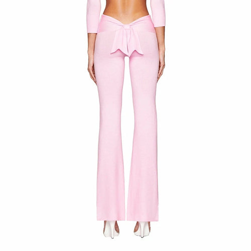 Boutique Knit Flared Pants With Elastic Waist And Back Bow Detail Slim Fit Trousers