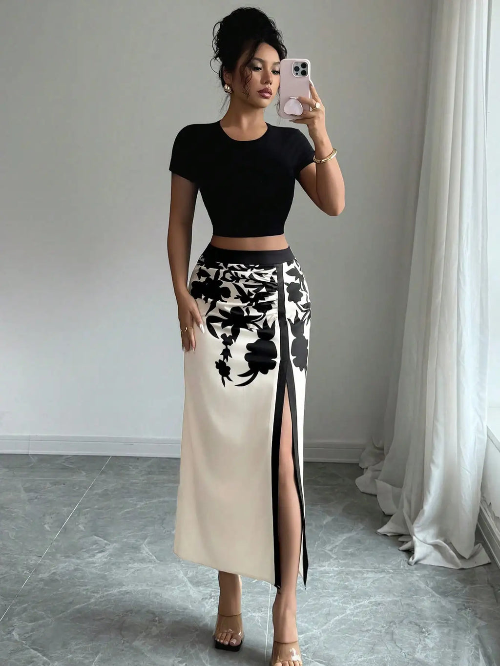 Black Floral Midi Skirt With Ruched And High Slit