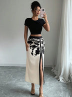 Black Floral Midi Skirt With Ruched And High Slit