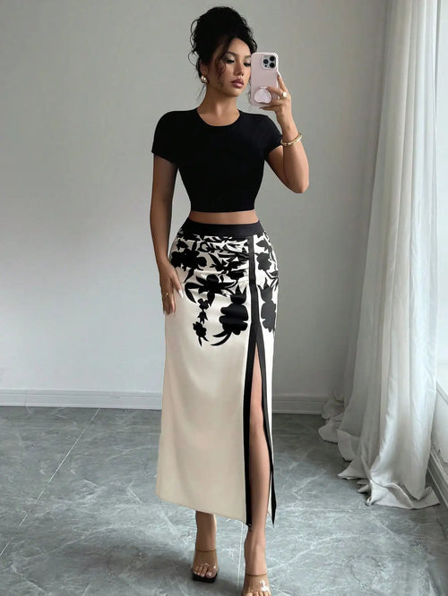 Black Floral Midi Skirt With Ruched And High Slit