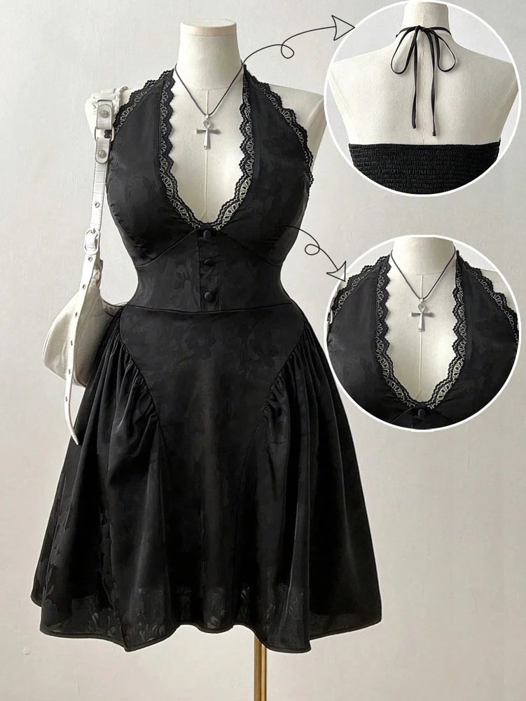 Plus Size French Jacquard Dress With V Neck And Lace Back Cutout