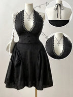 Plus Size French Jacquard Dress With V Neck And Lace Back Cutout