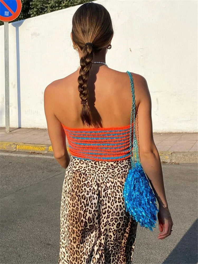 Off Shoulder Knit Tube Top With Stripe Backless Bustier Cropped