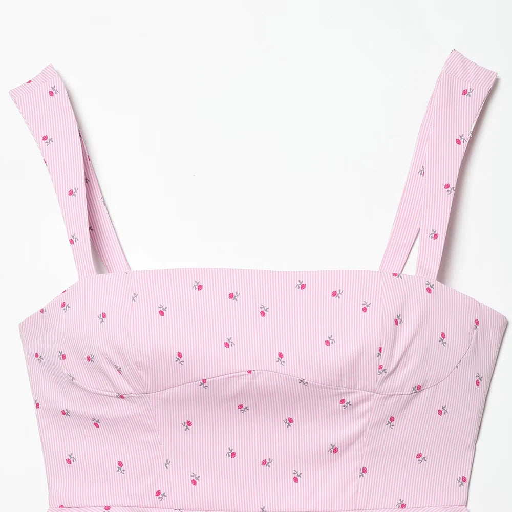 Pink Printed Pleated Backless Zipper Tops Vintage Straps Square Collar Camis Top