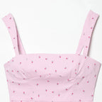 Pink Printed Pleated Backless Zipper Tops Vintage Straps Square Collar Camis Top