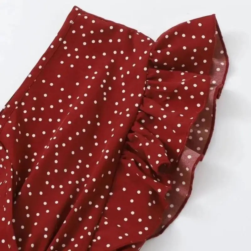 Polka Dot Chiffon Lace Up V Neck Blouse With Flowy Sleeves