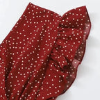 Polka Dot Chiffon Lace Up V Neck Blouse With Flowy Sleeves