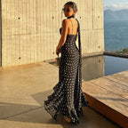Elegant Polka Dot Halter Sleeveless Maxi Dress With Pleated Skirt And Ribbon Scarf