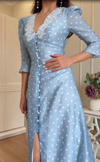 Printed Lace Patchwork Long Dress, Elegant Mid Sleeve V-Line Button Slit