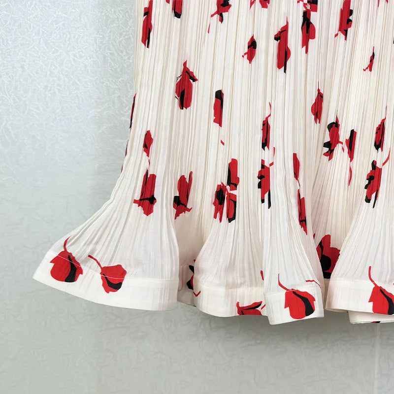 Pleated Red Print High Waist Midi Skirt And Sleeveless