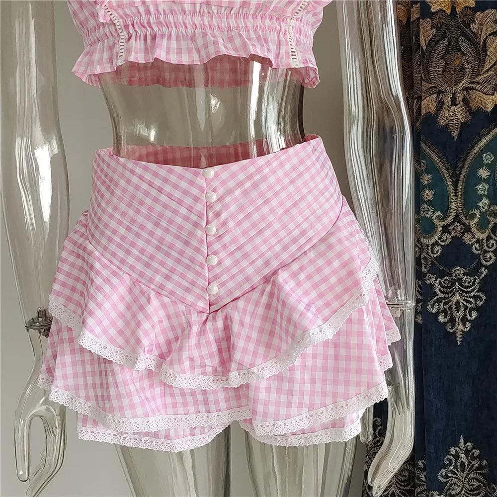 Cotton Plaid Ruffled Top And Shorts Set For Women